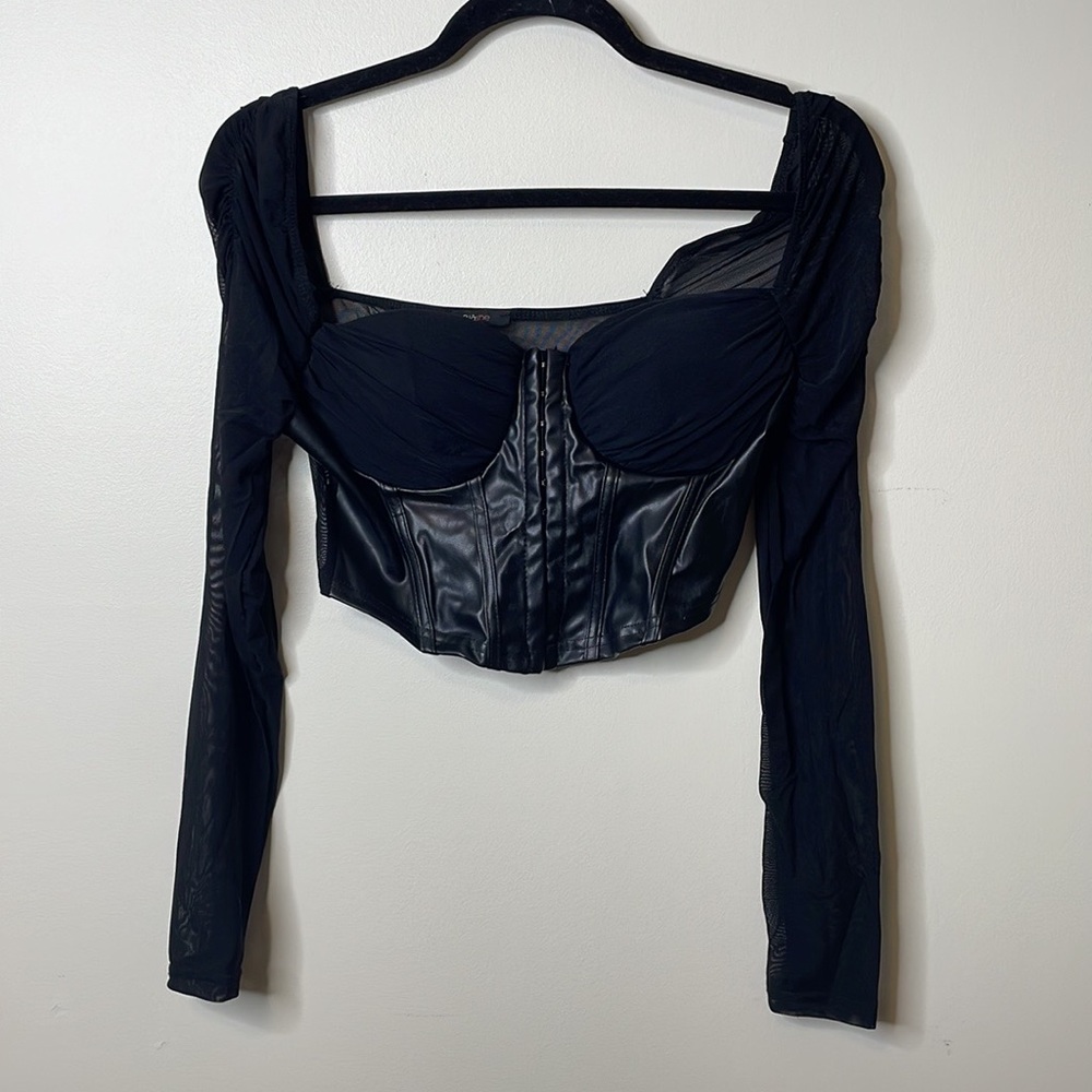 Long sleeve sheer and leather cropped corset top black